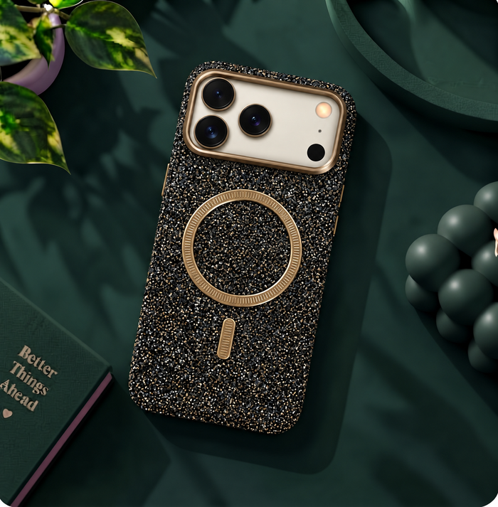 LK-G01 - Glitter Nero e Oro MagSafe - Cover Brillante